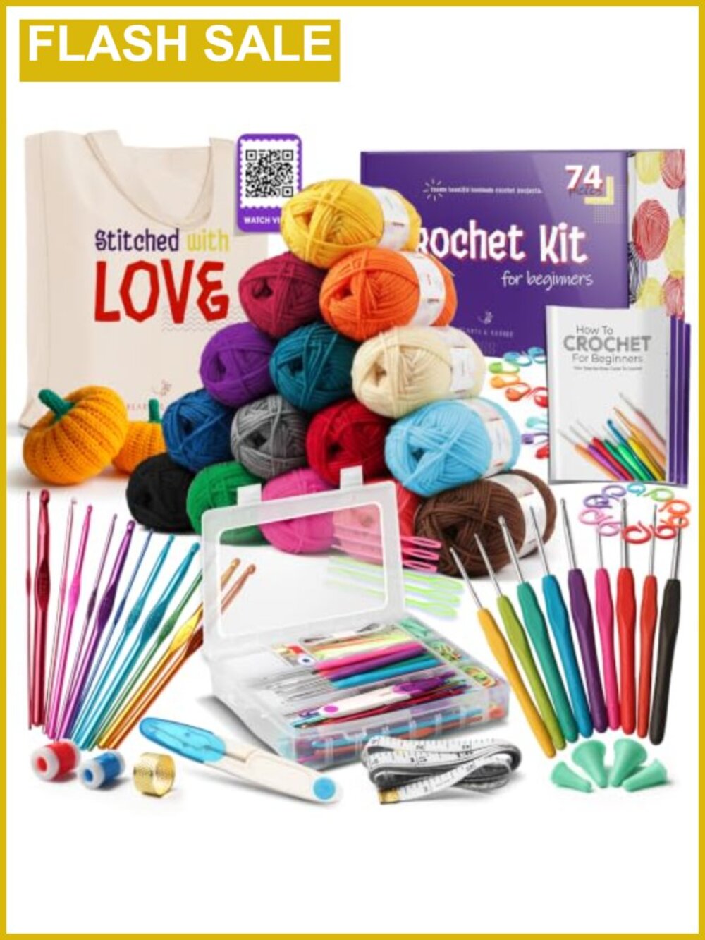 74 Piece Crochet Kit 1500 Yards Yarn Ergonomic Hooks Beginner Amigurumi